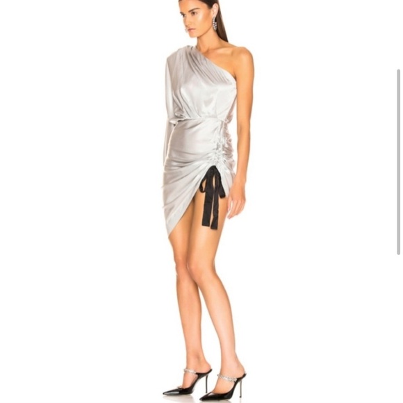 Retrofete Silver Silk Asymmetrical Ruched Neva Dress. Size XS - Picture 6 of 15